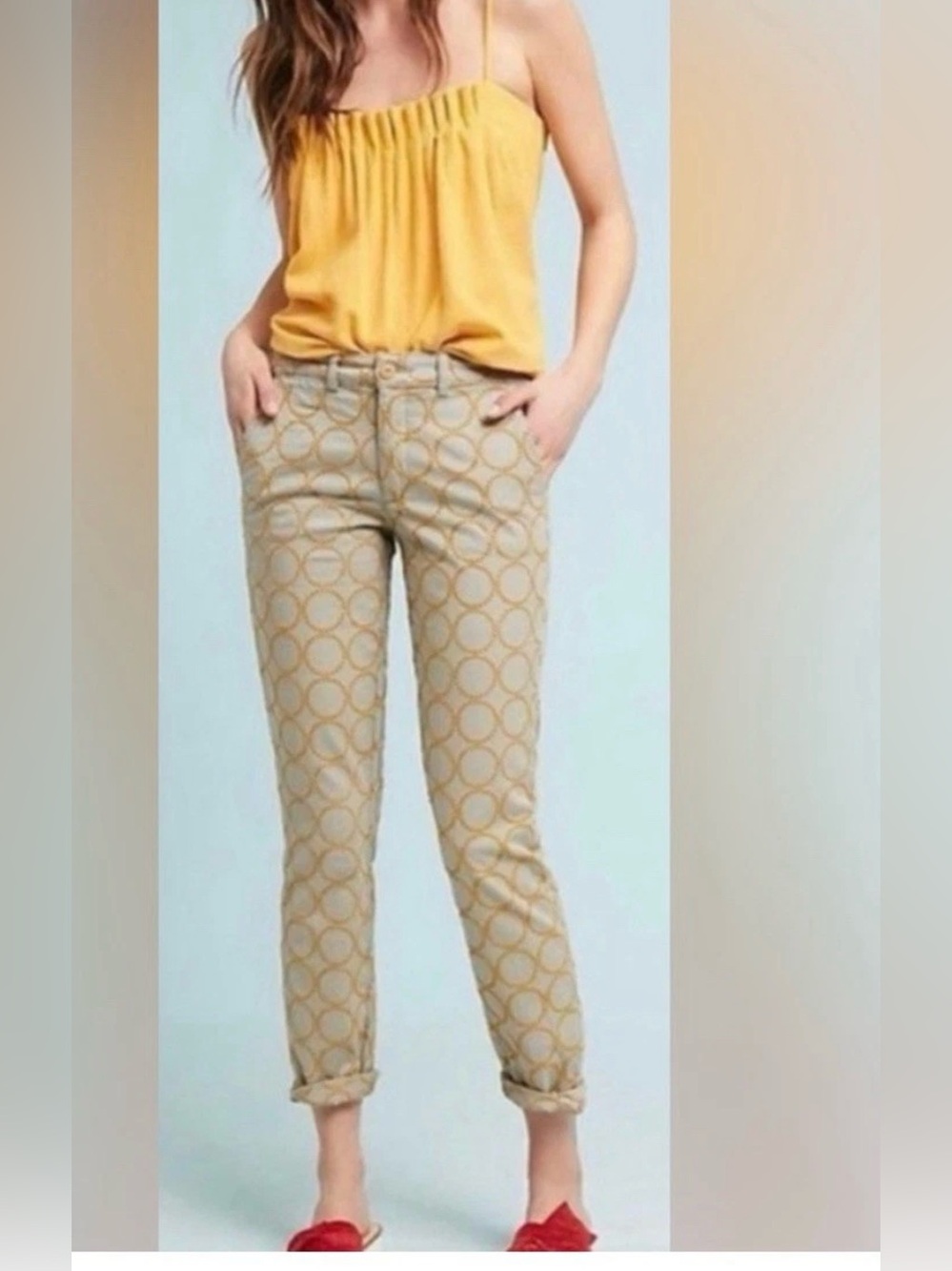 Anthropologie Chino Relaxed Fit Pants Size 26 Yellow Embroidered Circles